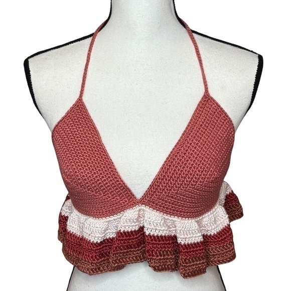 Hand Crafted Tops - Handcrafted Ruffle Halter Crop Top Bamboo Yarn Art Handmade Crochet Knit Summer